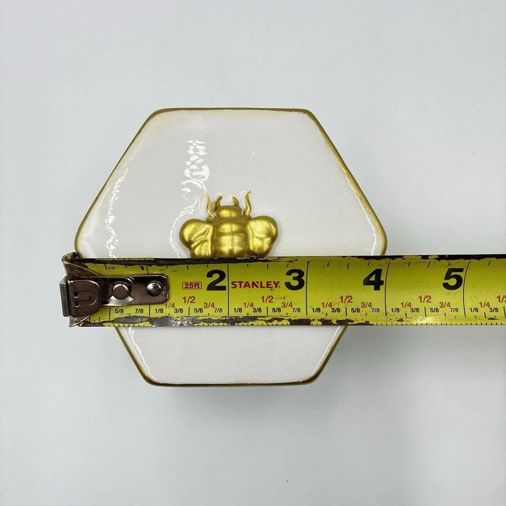 White Gold Trinket Jewelry Vanity Holder Box With Bee Hand Painted Octagon Shape
